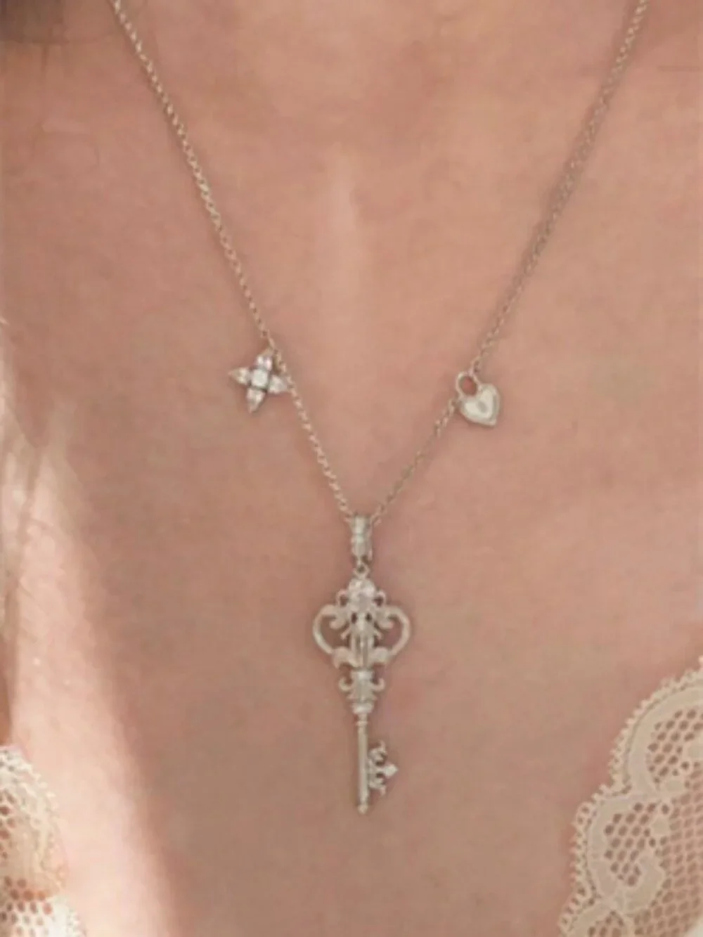 Vintage Key Heart Star Charm Necklace Dainty CZ Crystal Pendant
